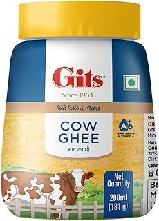 Gits Cow Ghee 200 ml Jar | Pack of 1 | Aroma in every drop |Pure Veg, Pure Cow Ghee, Desi Ghee, No preservatives | Rich Taste & Aroma | Good source of Vitamin A, Delicious, Healthy & Nutritious | Good for Digestion, Heart, Skin and Hair | Homemade taste