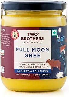 Two Brothers Organic Farms - A2 Ghee (500ml) | Full Moon Cultured Cow Desi Ghee | Curd-Churned Bilona Ghee | Pure, Natural, and Healthy | India's Only Certified Grass-Fed A2 Gir Cow Ghee