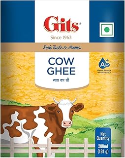 Gits Cow Ghee 200 ml Carton | Pack of 1 | Aroma in every drop |Pure Veg, Pure Cow Ghee, Desi Ghee, No preservatives | Rich Taste & Aroma | Good source of Vitamin A, Delicious, Healthy & Nutritious | Good for Digestion, Heart, Skin and Hair | Homemade taste